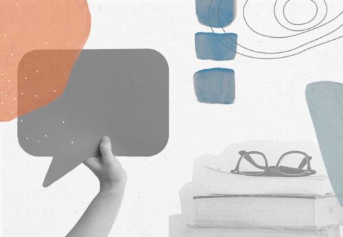 A composite image featuring a hand holding a speech bubble, glasses on top of books and abstract shapes.